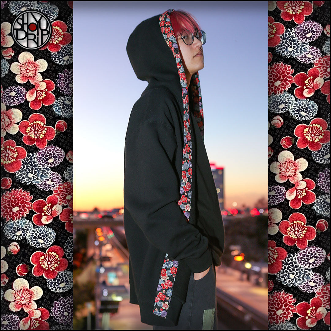 Plum Blossoms and Dahlias on Black Happi Hoodie