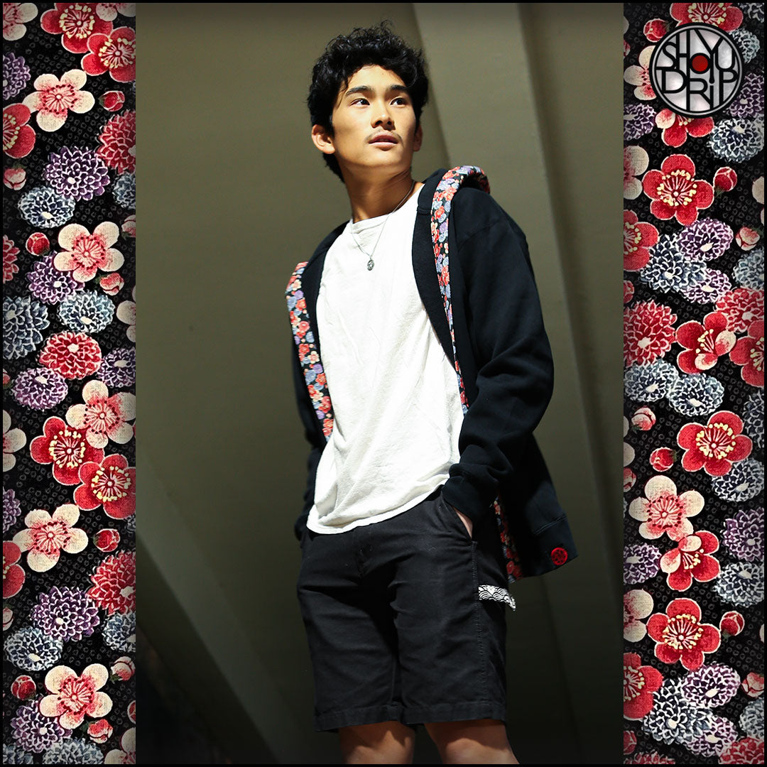 Plum Blossoms and Dahlias on Black Happi Hoodie
