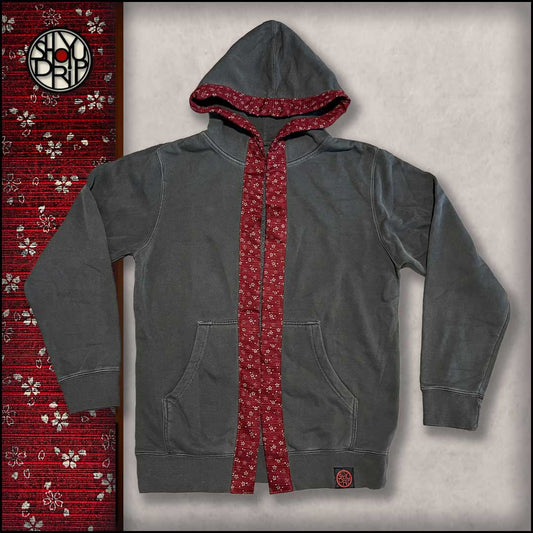 Red Sakura on Charcoal Mid-Weight Happi Hoodie (Instock)