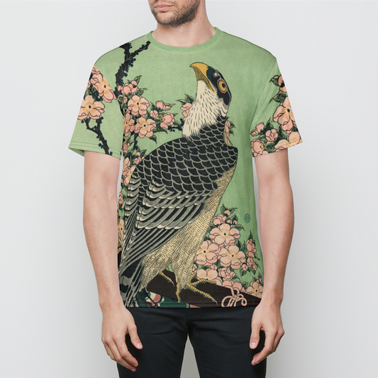 Hokusai Hawk and Sakura Mens Crewneck T-shirt