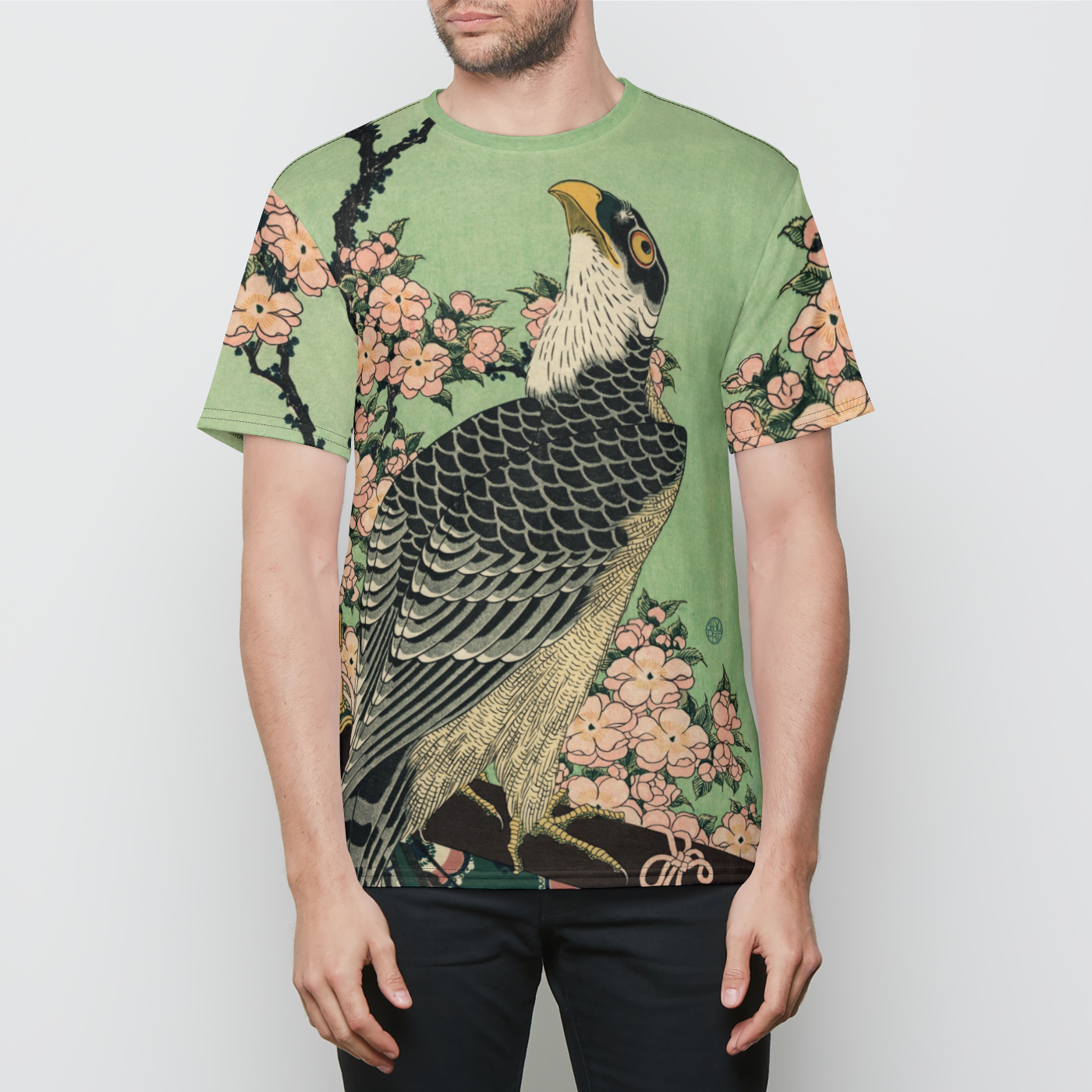 Hokusai Hawk and Sakura Mens Crewneck Tshirt