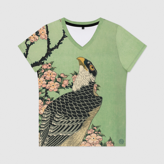 Hokusai Hawk and Sakura Womens V-Neck T-Shirt