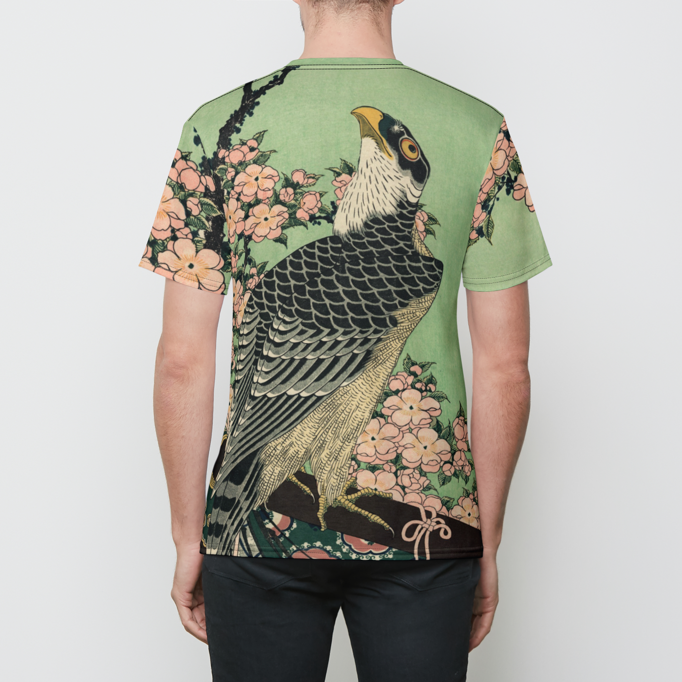 Hokusai Hawk and Sakura Mens Crewneck T-shirt