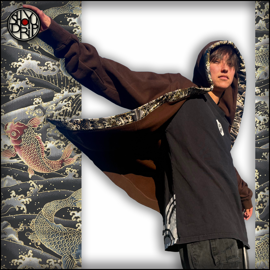 Brown Koi and Waves Happi Hoodie (Instock)