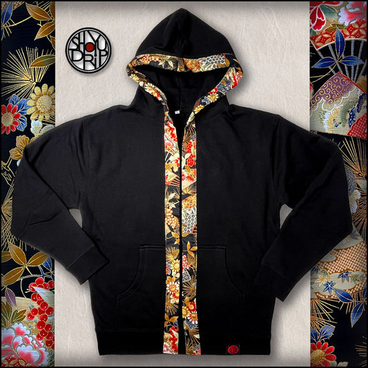 Gold Fans and Flowers on Black Happi Hoodie