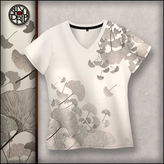Ivory Ginkgo Womens Relaxed Fit V-Neck Tee