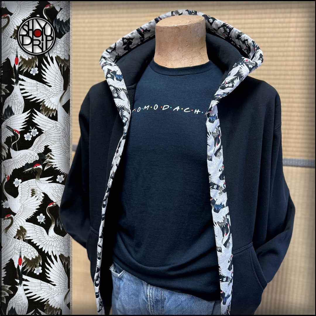 Red Crowned Cranes on Black Happi Hoodie