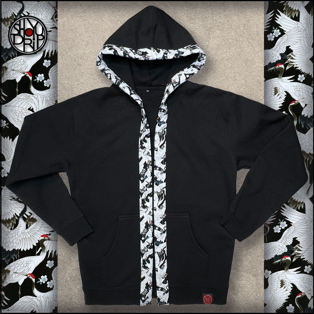 Red Crowned Cranes on Black Happi Hoodie