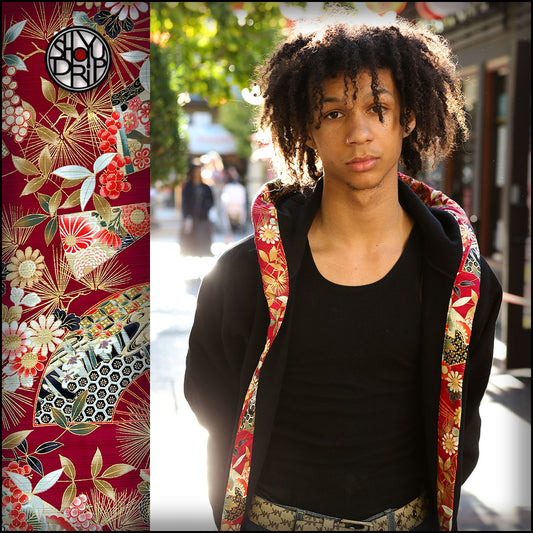 Fans, Flowers, Deep Reds on Black Happi Hoodie