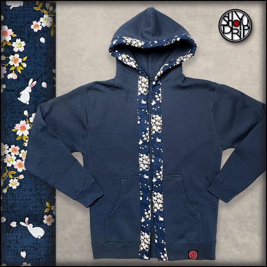 White Rabbit on Slate Blue Happi Hoodie